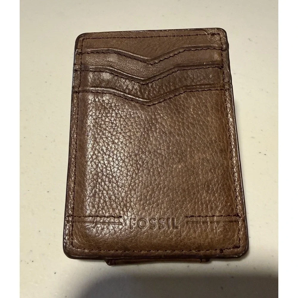 Fossil Men's Distressed Leather Brown Wallet Magnetic Money Clip Western